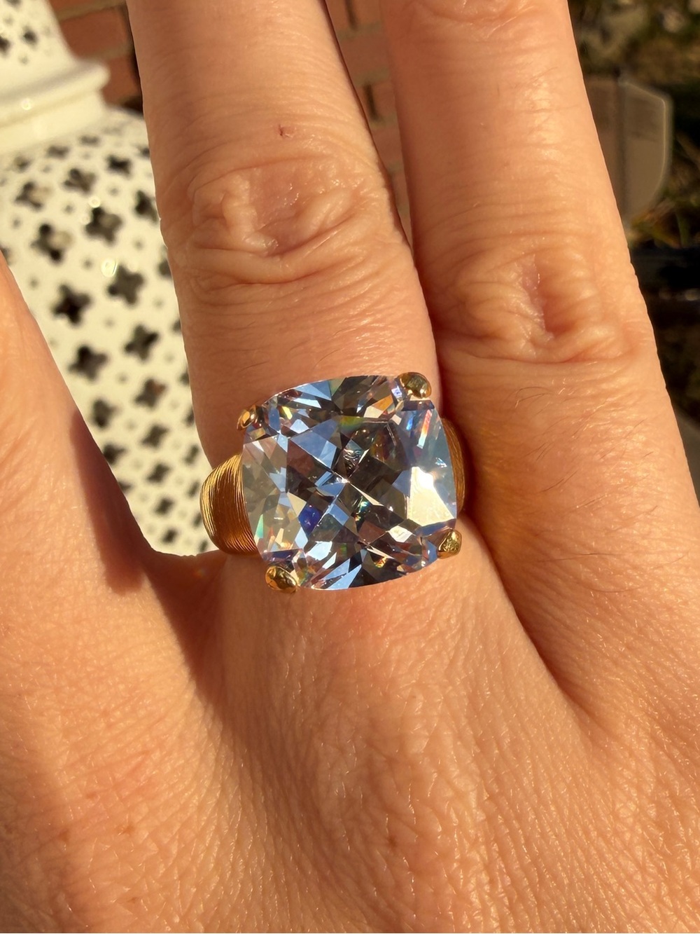 Gold tone Statement Ring with Large Clear Crystal